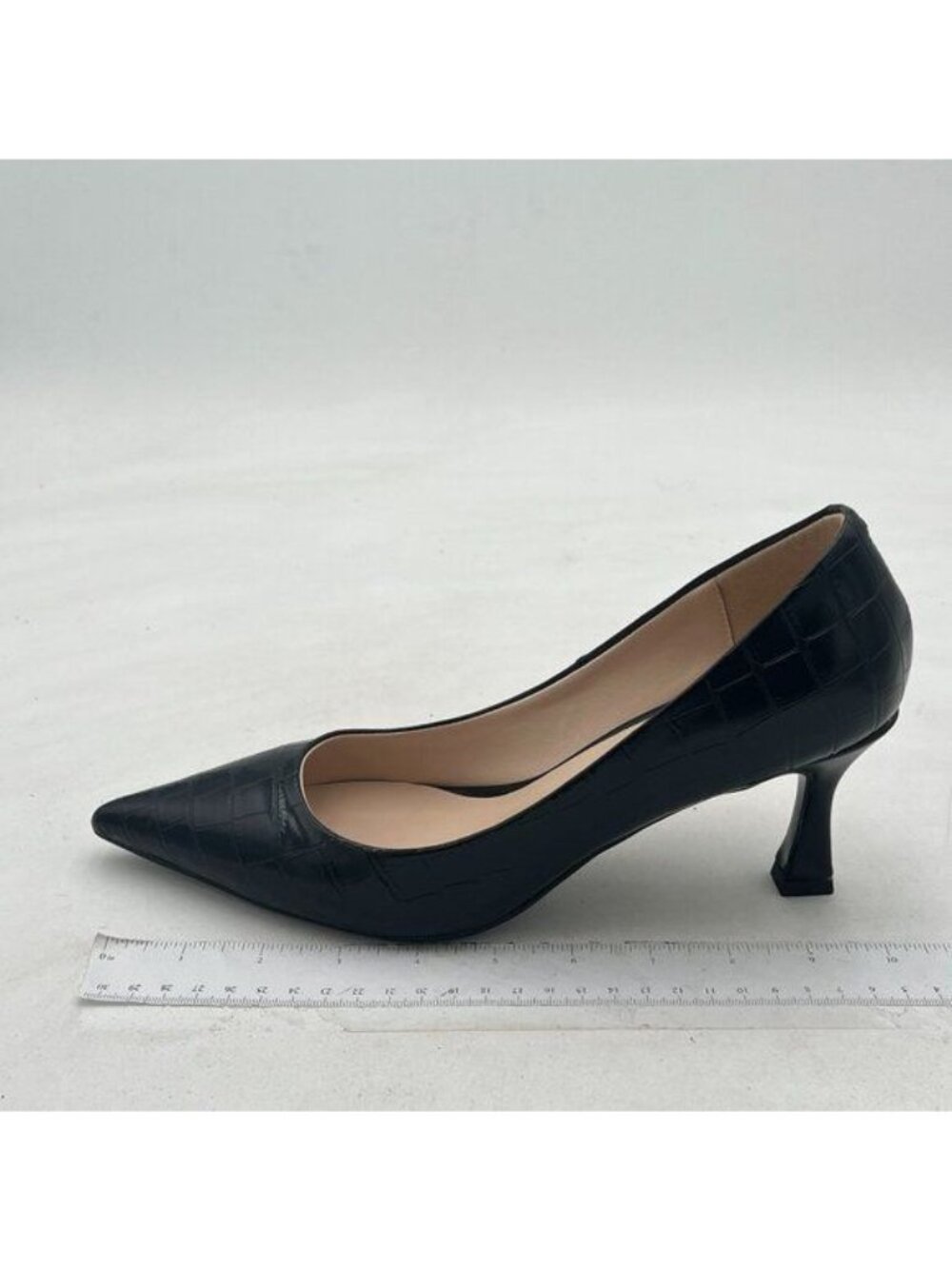 FOWT Simple Solid Croc-Embossed Pointed Toe Black Pumps for Women Dressy Slip on